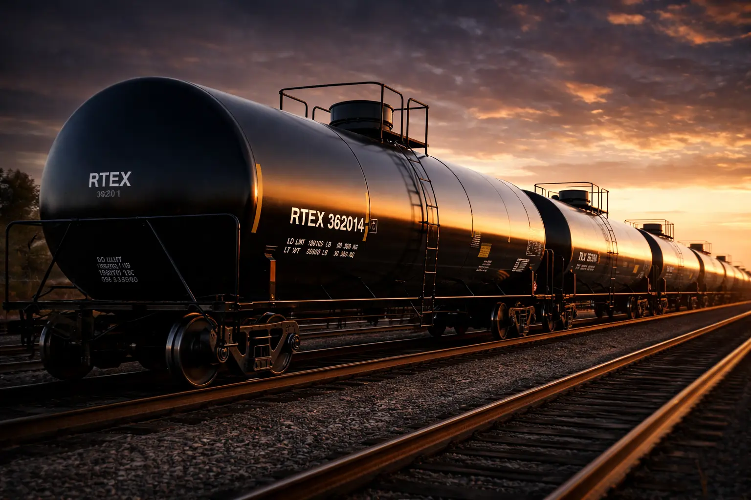 A line of bulk liquid rail tank cars at sunset